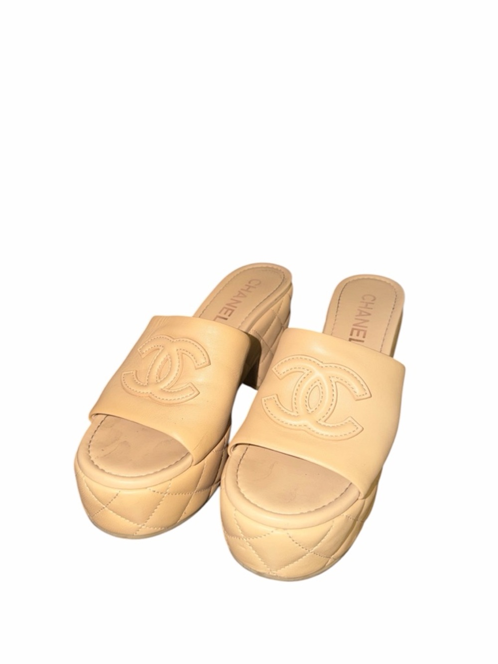 CHANEL Nude Quilted Leather Platform Slide Mules